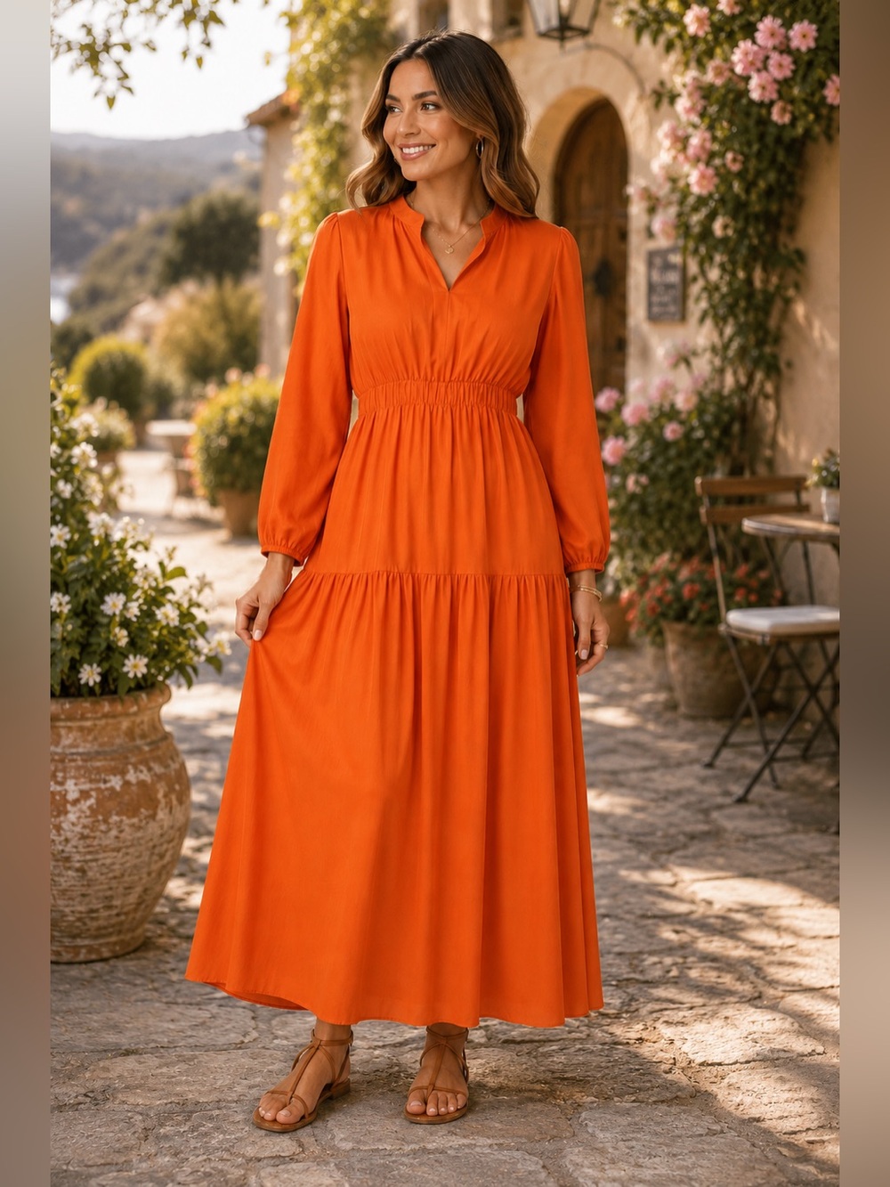 UNBRANDED ORANGE TIERED SKIRT LONG SLEEVE MAXI DRESS 2XL
